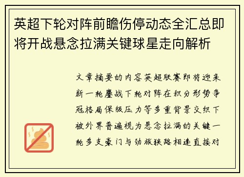 英超下轮对阵前瞻伤停动态全汇总即将开战悬念拉满关键球星走向解析 英超下轮对阵前瞻伤停动态全汇总即将开战悬念拉满关键球星走向解析