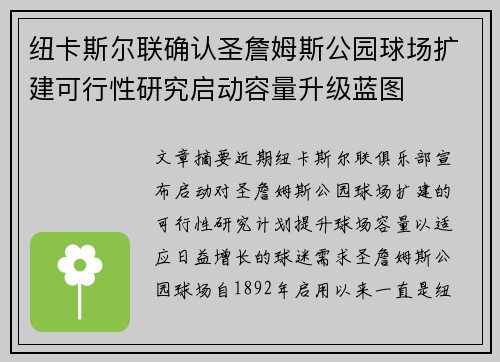 纽卡斯尔联确认圣詹姆斯公园球场扩建可行性研究启动容量升级蓝图